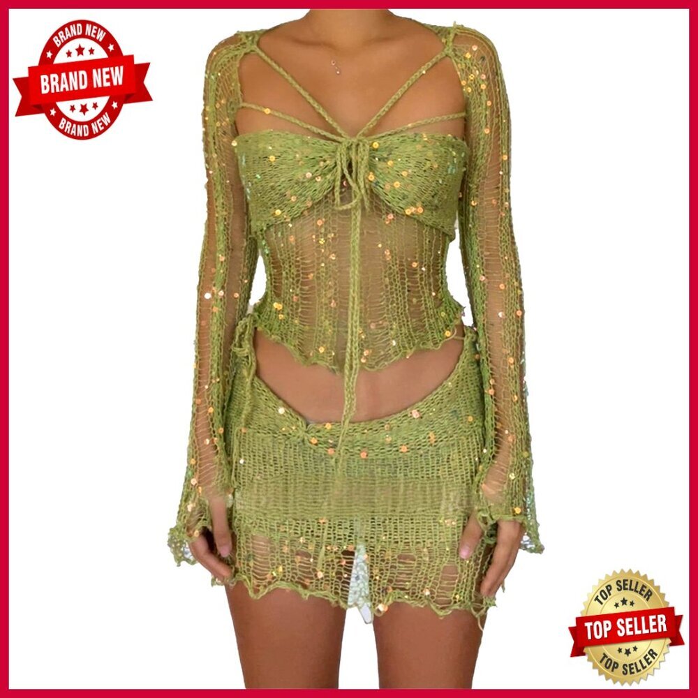 Long Sleeve Cardigan Bralette Crop Top Crochet Skirt Three Piece Suit